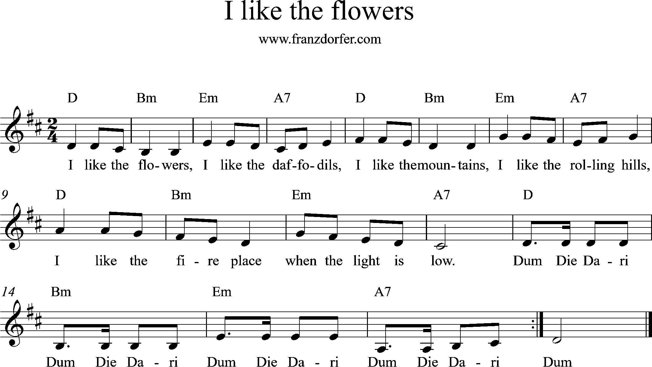 Trompetennoten, D-Dur, I like the Flowers